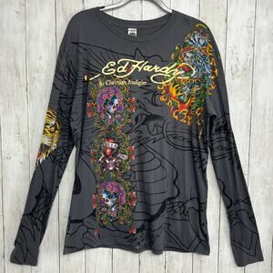 Vintage Ed Hardy Gray Long Sleeve Dragon Skull Tiger Tattoo Print Graphic Shirt
